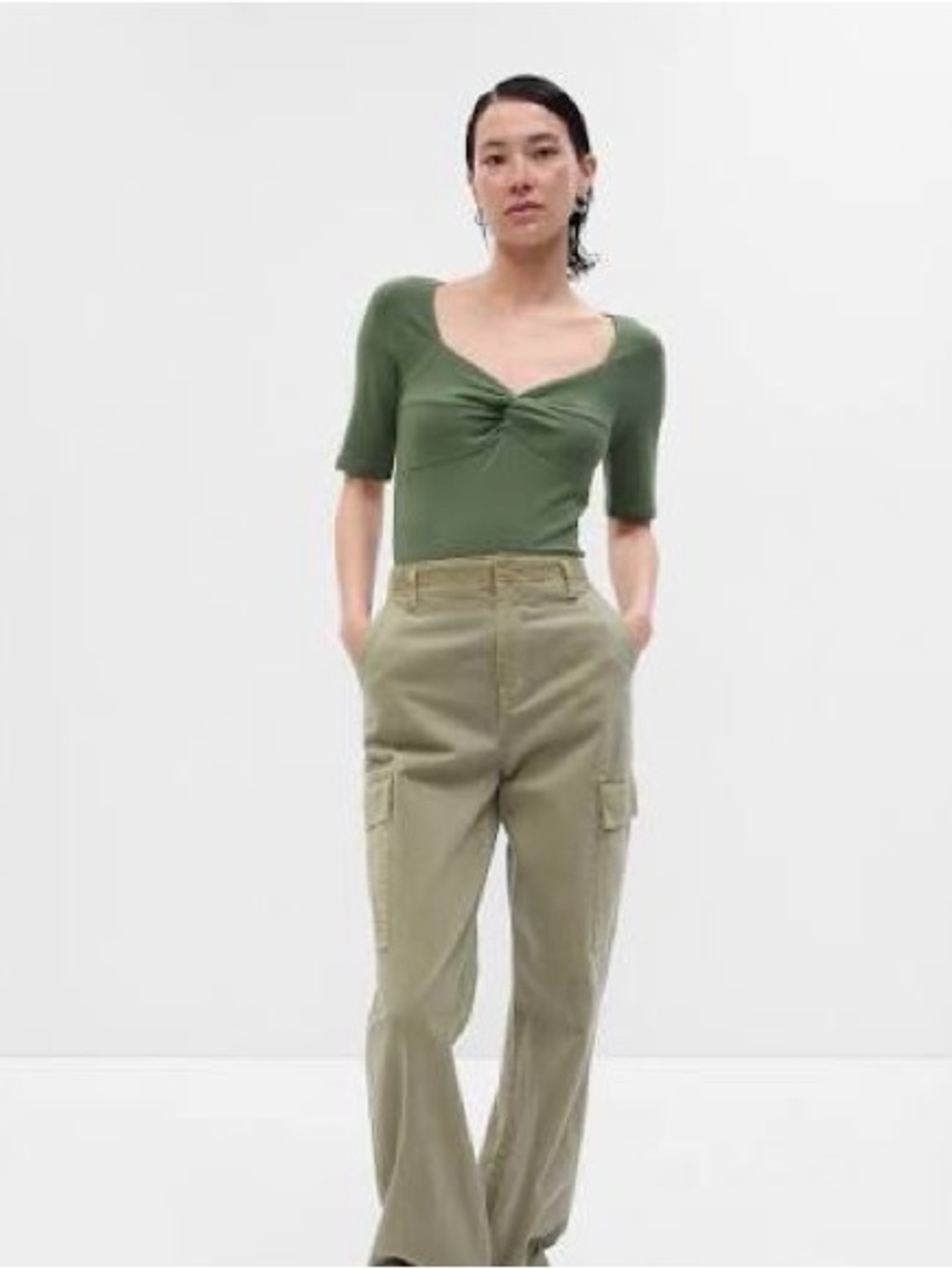 GAP modern twist front sweetheart t shirt olive green